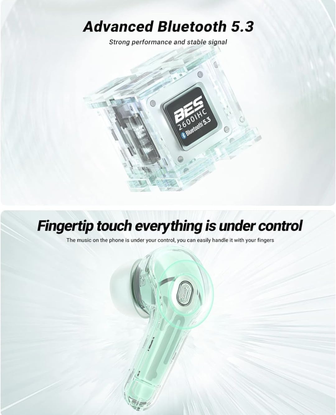 Crystal Transparent Waterproof & Wireless Earbuds, LED Digital Display
