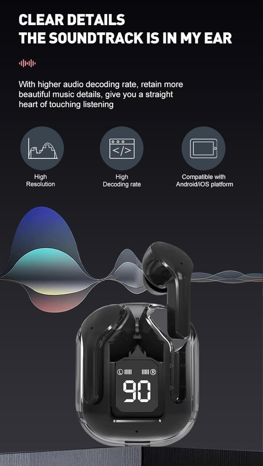 Crystal Transparent Waterproof & Wireless Earbuds, LED Digital Display