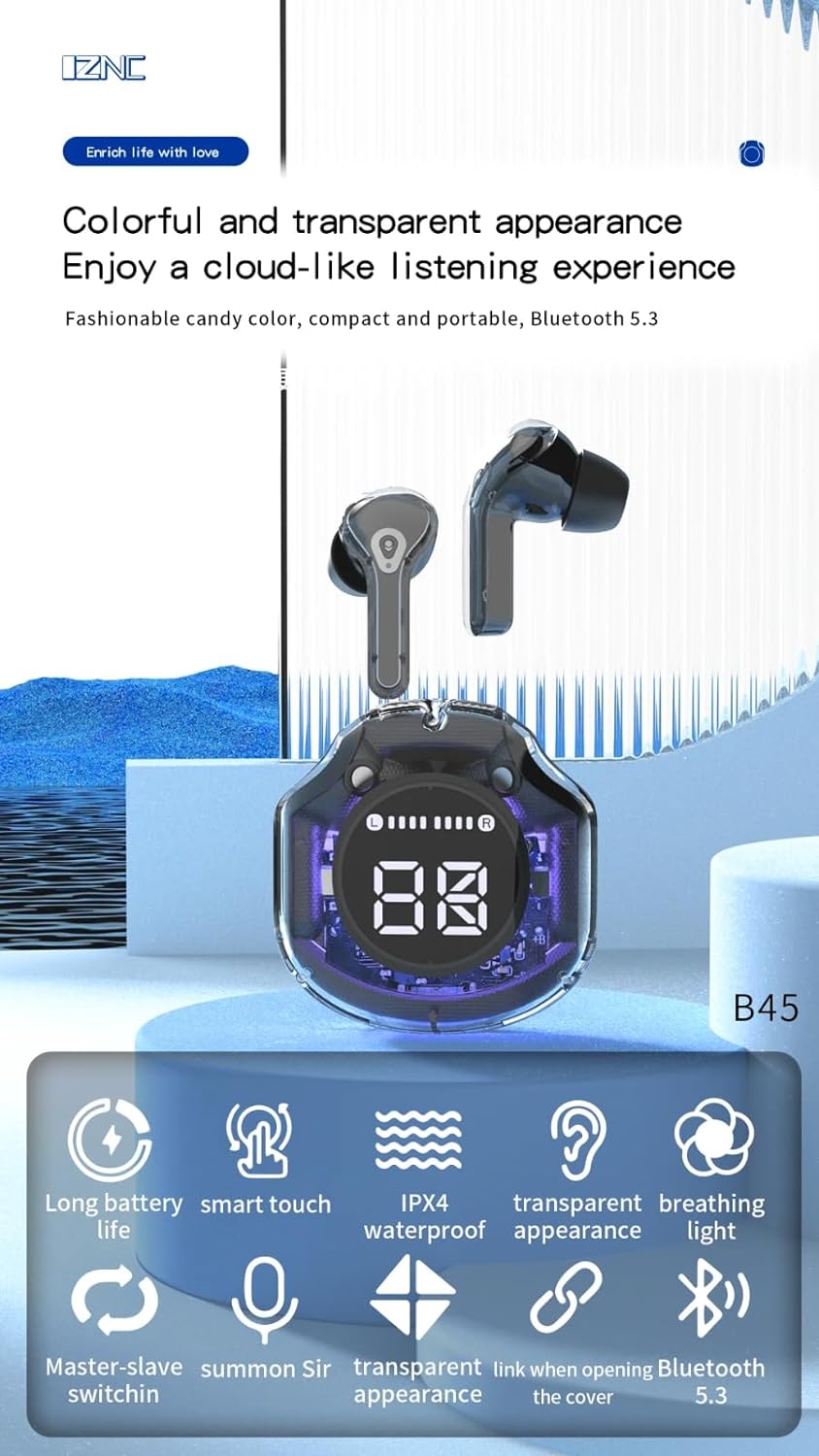 Crystal Transparent Waterproof & Wireless Earbuds, LED Digital Display