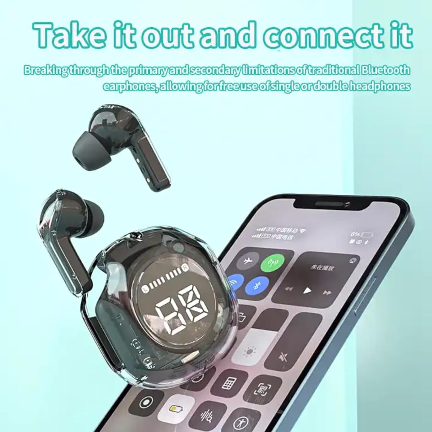 Crystal Transparent Waterproof & Wireless Earbuds, LED Digital Display